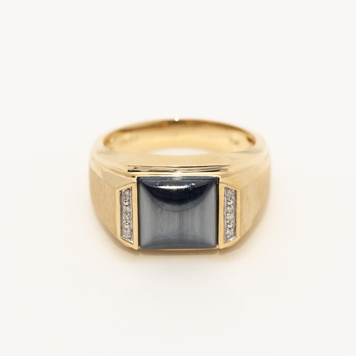 Mens Grey Quartz Cats Eye Ring in 10kt Yellow Gold with Diamonds