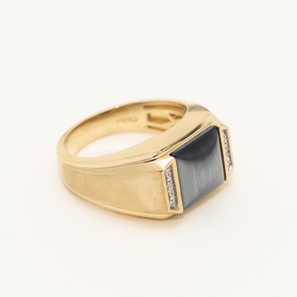 Mens Grey Quartz Cats Eye Ring in 10kt Yellow Gold with Diamonds