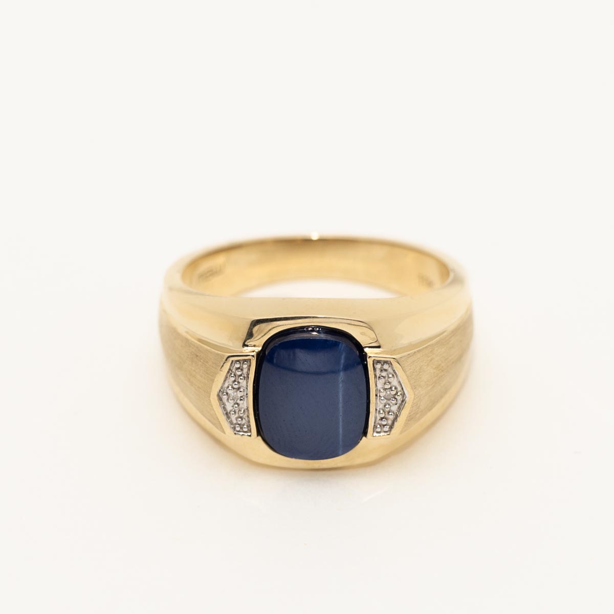 Mens Oval Synthetic Star Sapphire Ring in 10kt Yellow Gold with Diamonds