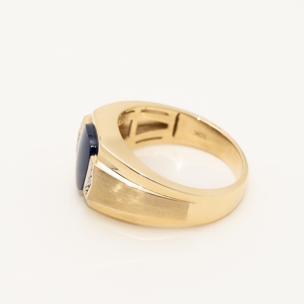 Mens Oval Synthetic Star Sapphire Ring in 10kt Yellow Gold with Diamonds