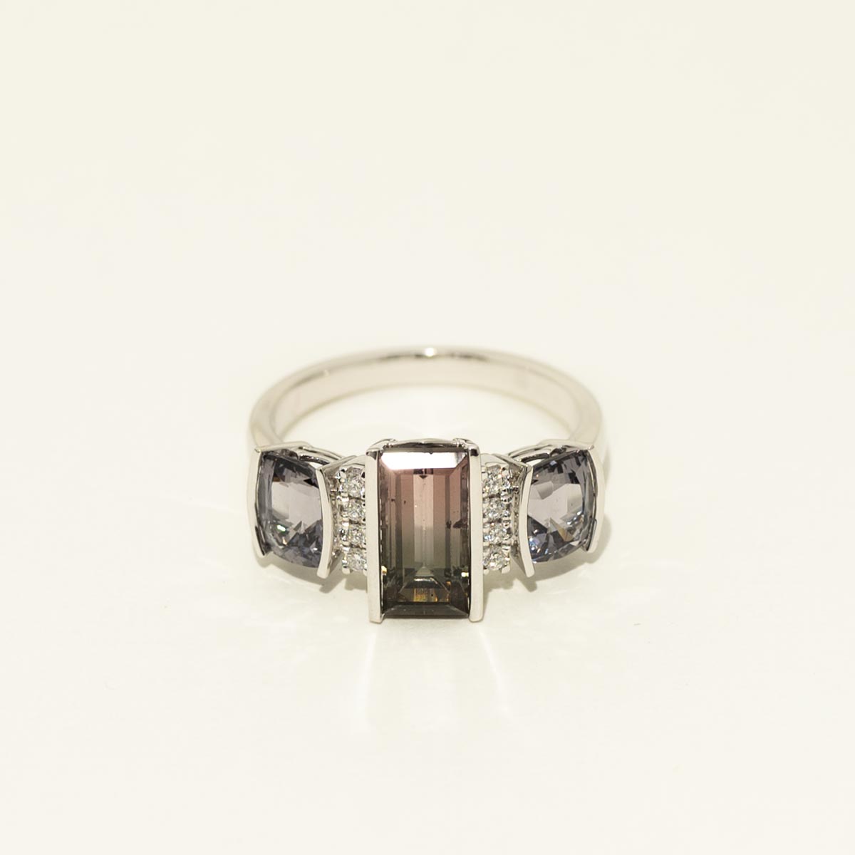 Maine Bicolor Tourmaline and Gray Spinel Ring in 14kt White Gold with Diamonds (1/10ct tw)