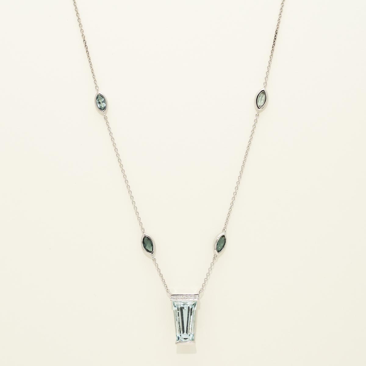 Maine Aquamarine and Maine Indicolite Tourmaline Necklace in 14kt White Gold with Diamonds (1/20ct tw)
