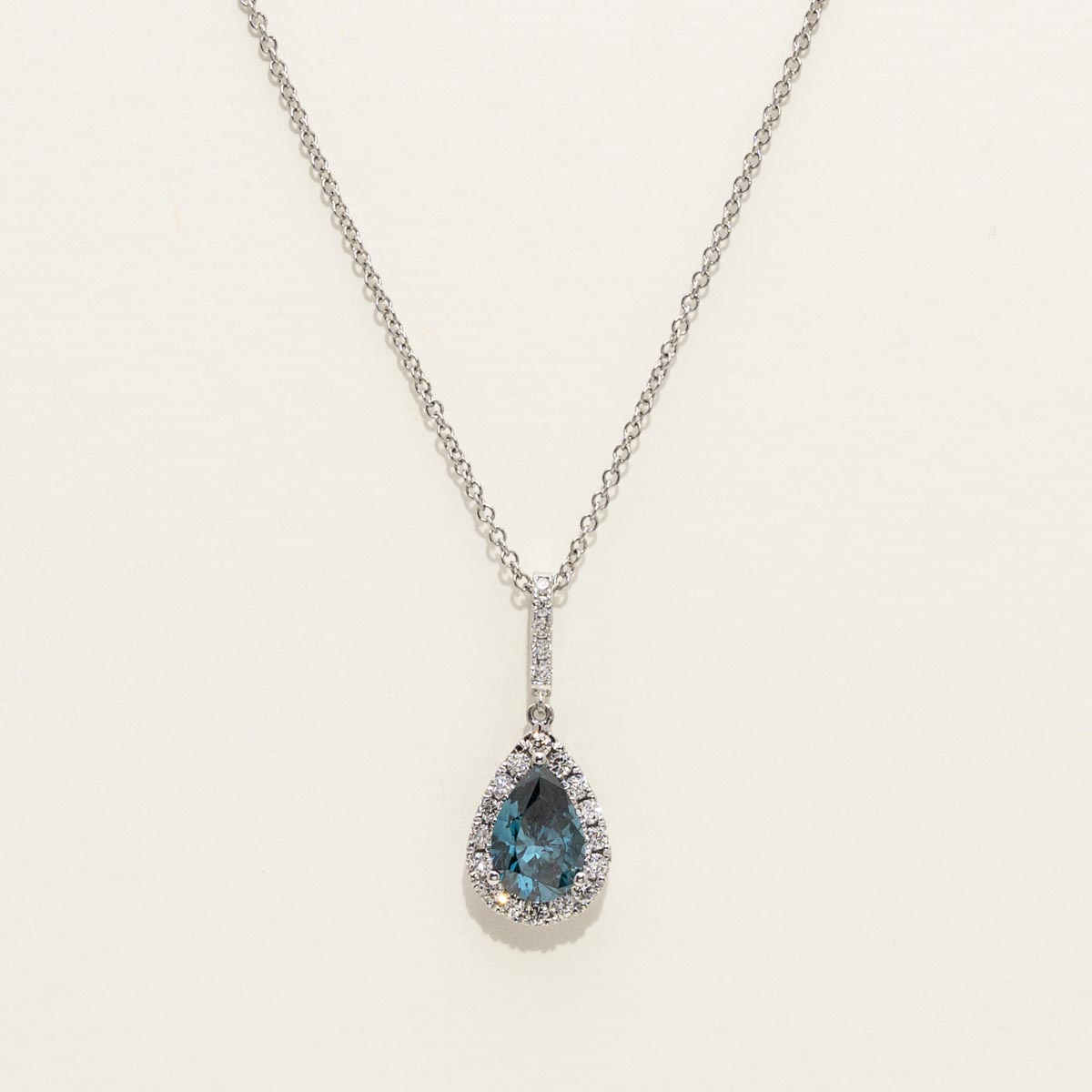 Blue Pear Shaped Diamond Halo Necklace in 14kt White Gold (1 1/5ct tw)