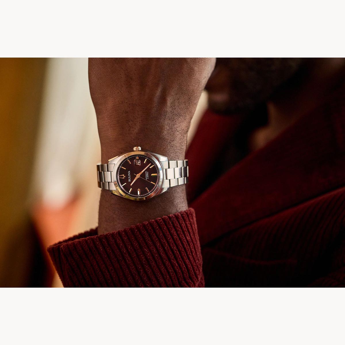 Bulova Surveyor Men's Watch with Burgundy Dial and Stainless Steel Bracelet (automatic movement)