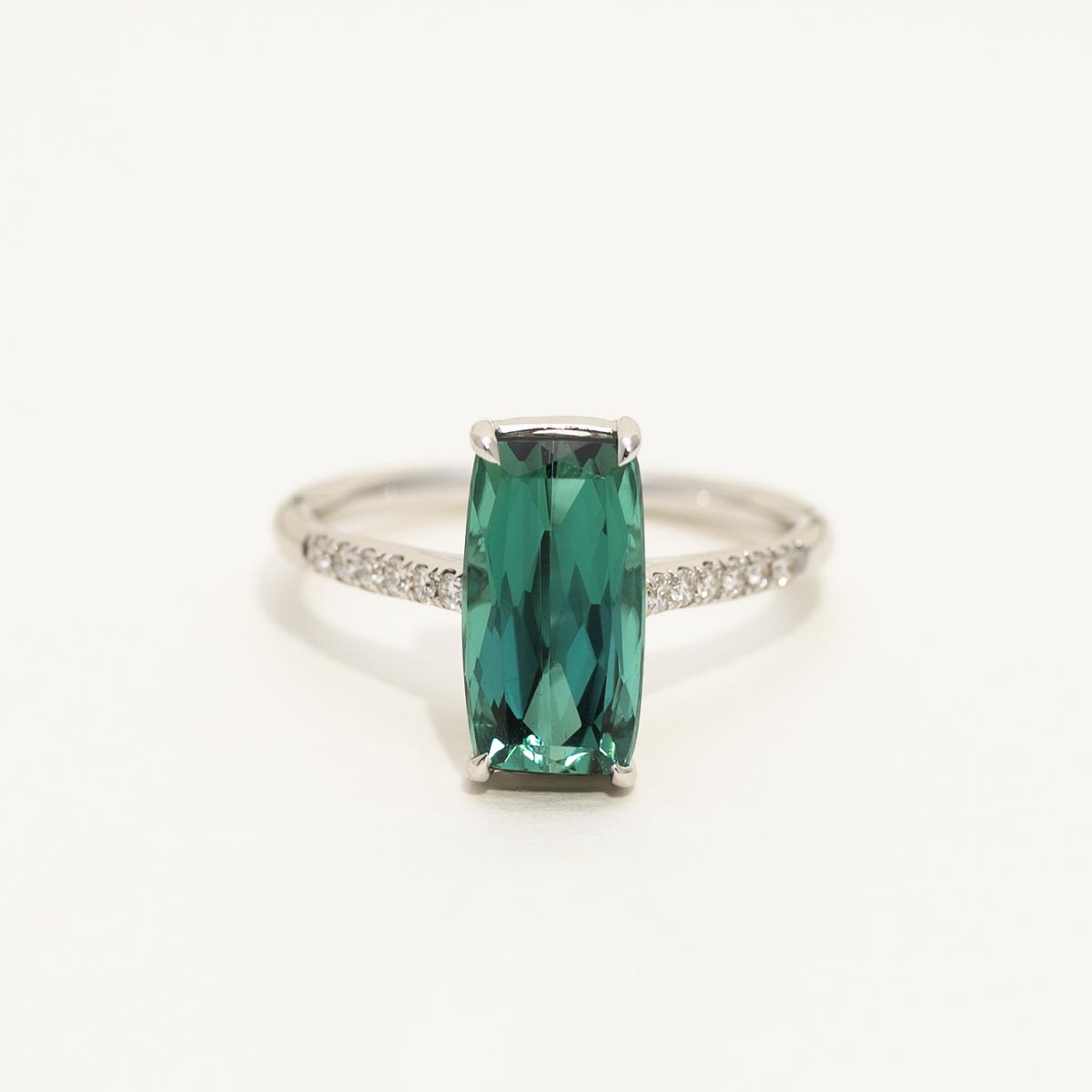 Elongated Cushion Cut Green Tourmaline Ring in 14kt White Gold with Diamonds (1/10ct tw)