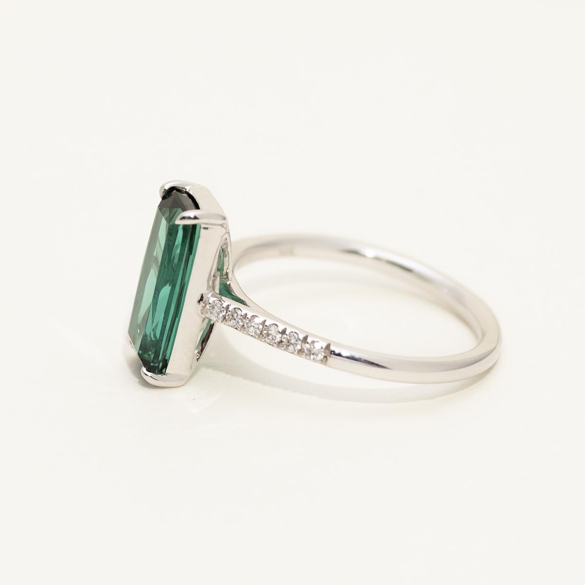 Elongated Cushion Cut Green Tourmaline Ring in 14kt White Gold