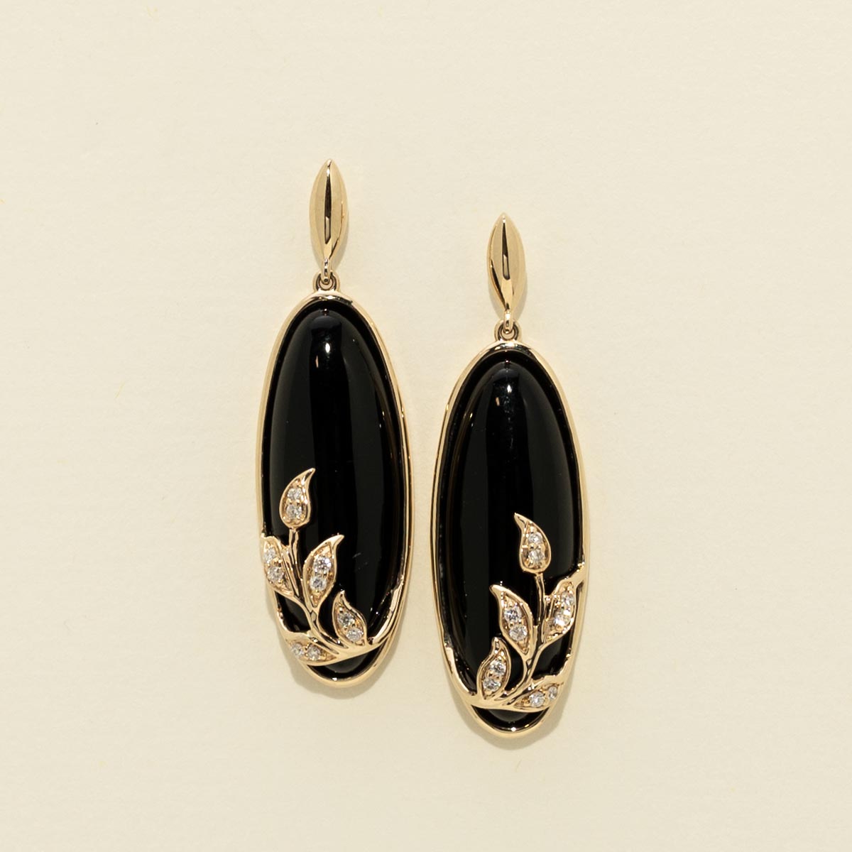 Oval Onyx Drop Earrings in 14kt Yellow Gold with Diamonds (1/20ct tw)