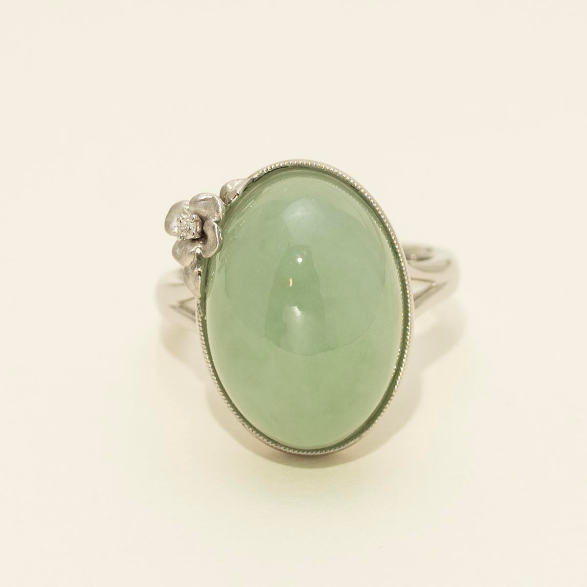 Oval Jade Ring in 14kt White Gold with Diamond