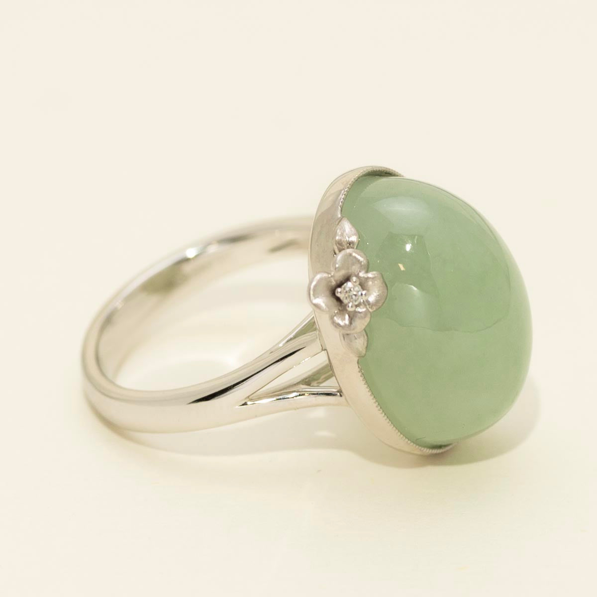Oval Jade Ring in 14kt White Gold with Diamond