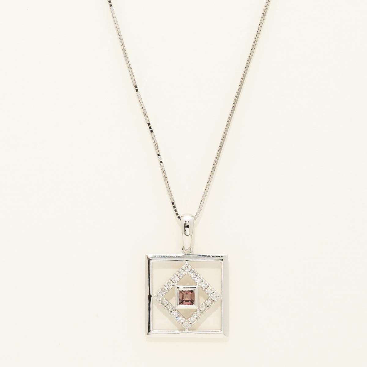 Maine Pink Tourmaline Picture Frame Necklace in 14kt White Gold with Diamonds (1/10ct tw)