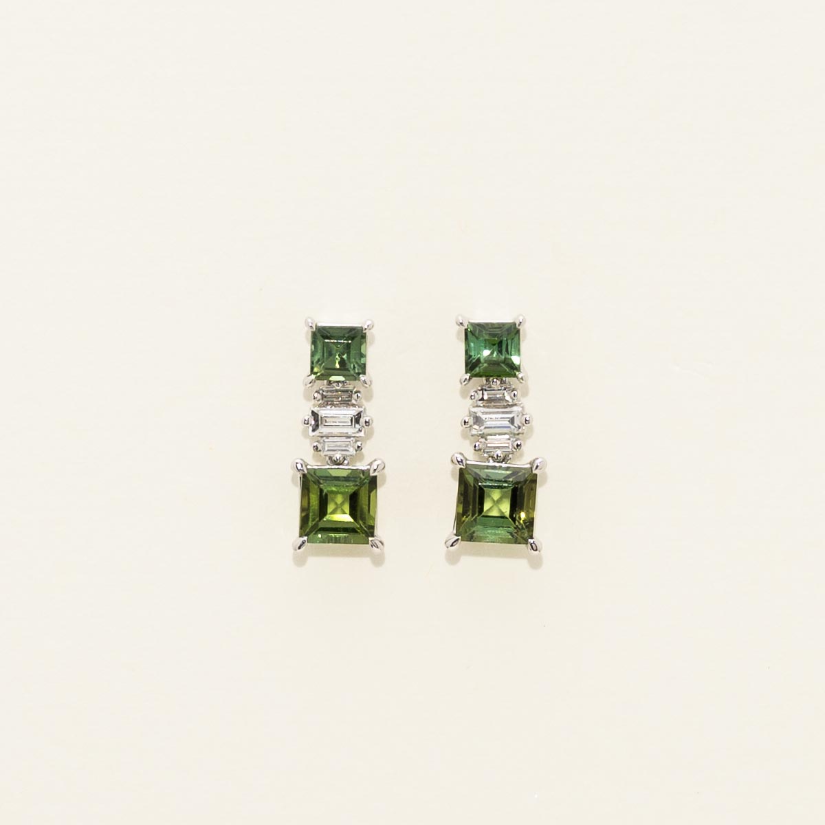 Maine Green Tourmaline Princess Cut Drop Earrings in 14kt White Gold with Diamonds (1/4ct tw)