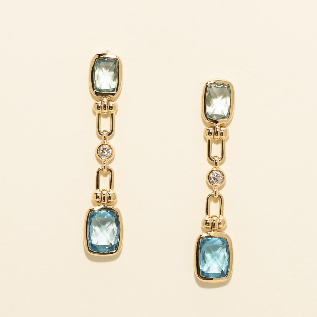 Blue Topaz and Swiss Blue Topaz Drop Earrings in 14kt Yellow Gold with Diamonds (1/10ct tw)