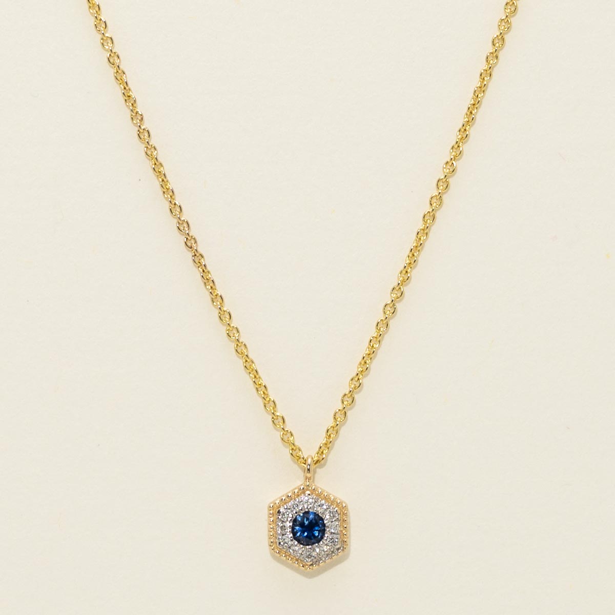 Sapphire Hexagon Necklace in 14kt Yellow Gold with Diamonds (.03ct tw)