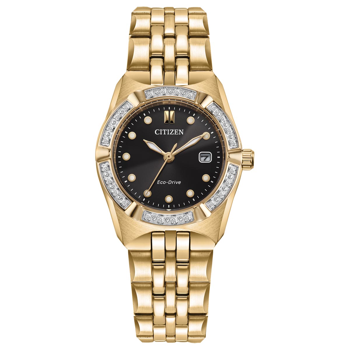 Citizen Corso Womens Diamond Watch with Black Dial and Gold Toned Stainless Steel Bracelet (eco drive movement)