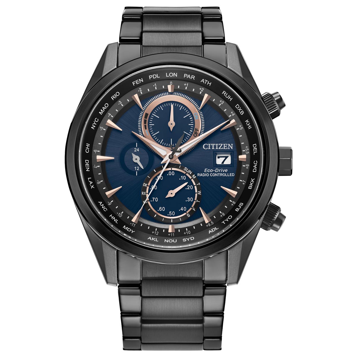 Citizen Sport Luxury Mens Watch with Navy Blue Dial and Black Stainless Steel Bracelet (eco drive movement)