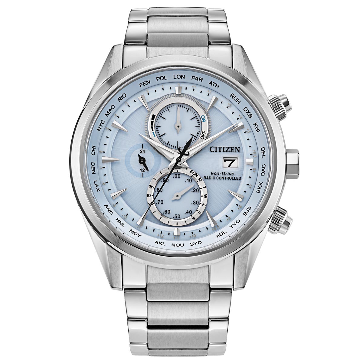 Citizen Sport Luxury Mens Watch with Light Blue Dial and Stainless Steel Bracelet (eco drive movement)