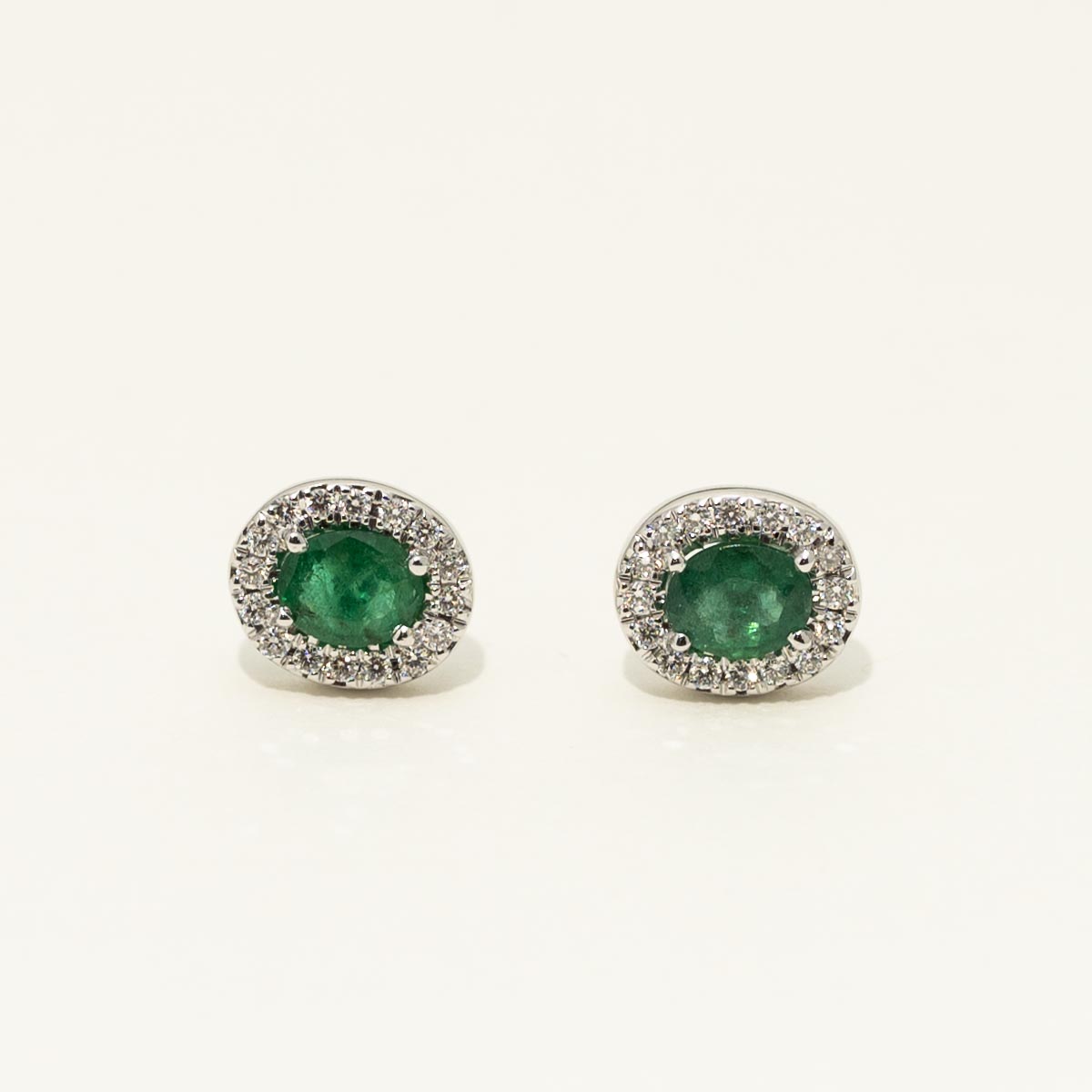 Oval Emerald Halo Earrings in 14kt White Gold with Diamonds (1/7ct tw)