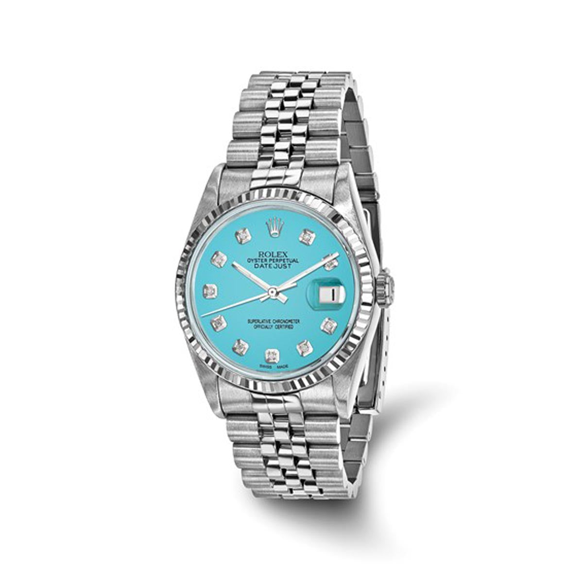 Pre Owned Rolex Oyster Perpetual Datejust with Teal Diamond Dial and 18kt White Gold Fluted Bezel and Stainless Steel Jubilee Bracelet (automatic movement)