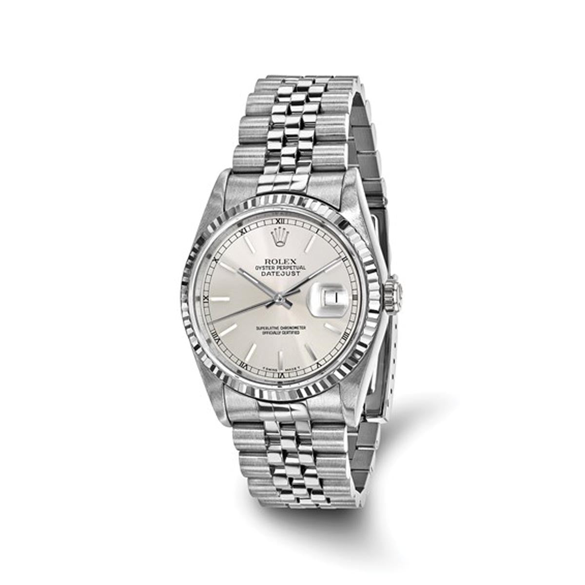 Pre Owned Rolex Oyster Perpetual Datejust with Silver Toned Dial and 18kt White Gold Fluted Bezel and Stainless Steel Jubilee Bracelet (automatic movement)
