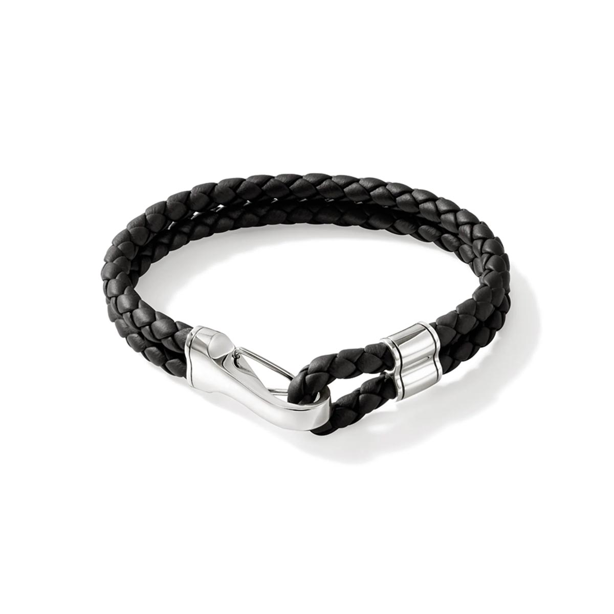 John Hardy Mens Double Row Hook Clasp Bracelet in Sterling Silver and Black Leather Cord