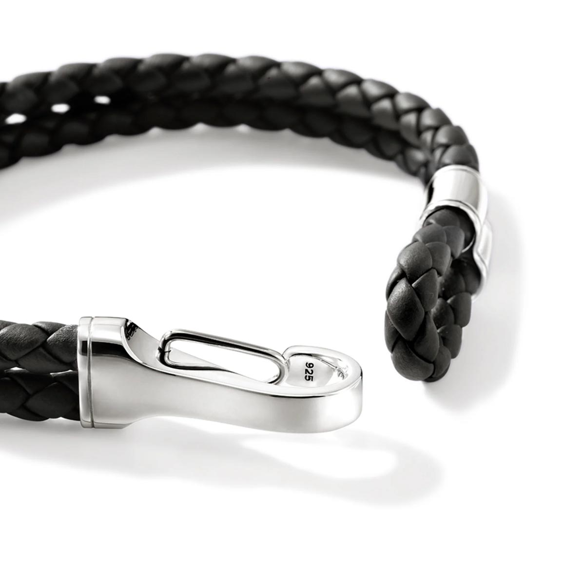 John Hardy Mens Double Row Hook Clasp Bracelet in Sterling Silver and Black Leather Cord