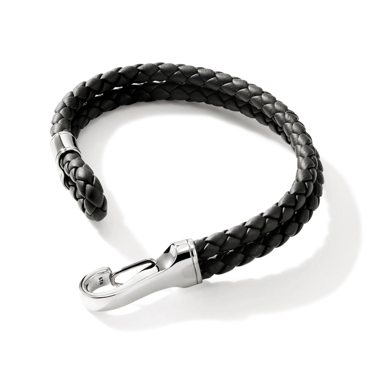 John Hardy Mens Double Row Hook Clasp Bracelet in Sterling Silver and Black Leather Cord