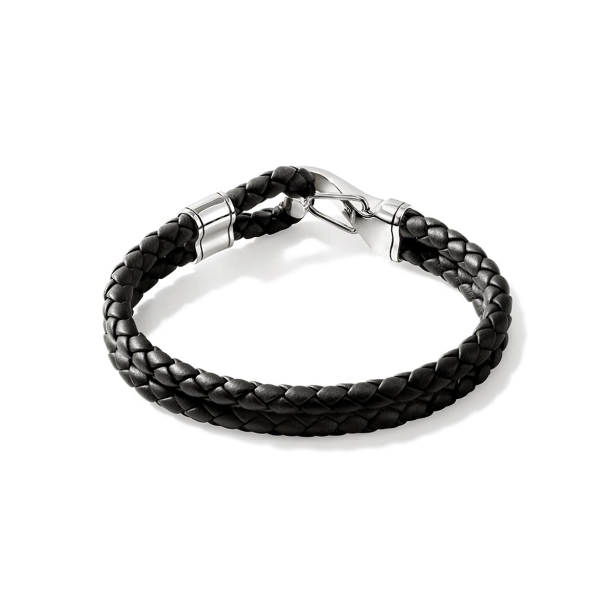 John Hardy Mens Double Row Hook Clasp Bracelet in Sterling Silver and Black Leather Cord