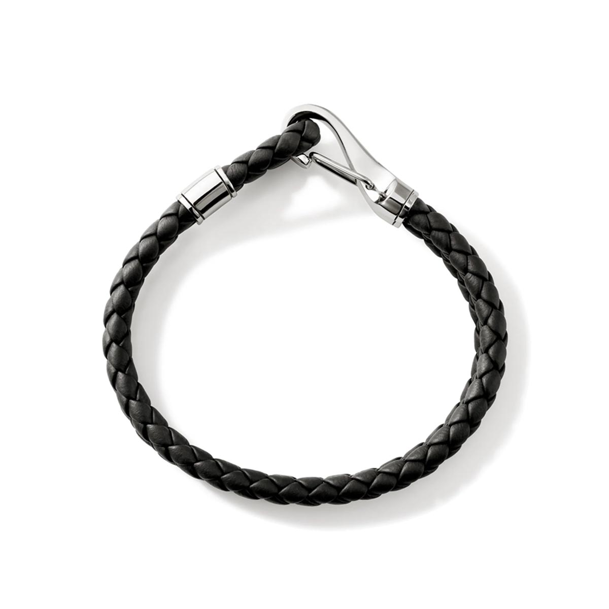 John Hardy Mens Double Row Hook Clasp Bracelet in Sterling Silver and Black Leather Cord
