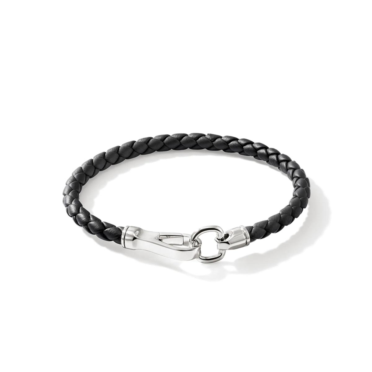 John Hardy Mens Hook Clasp Bracelet in Sterling Silver and Black Leather Cord