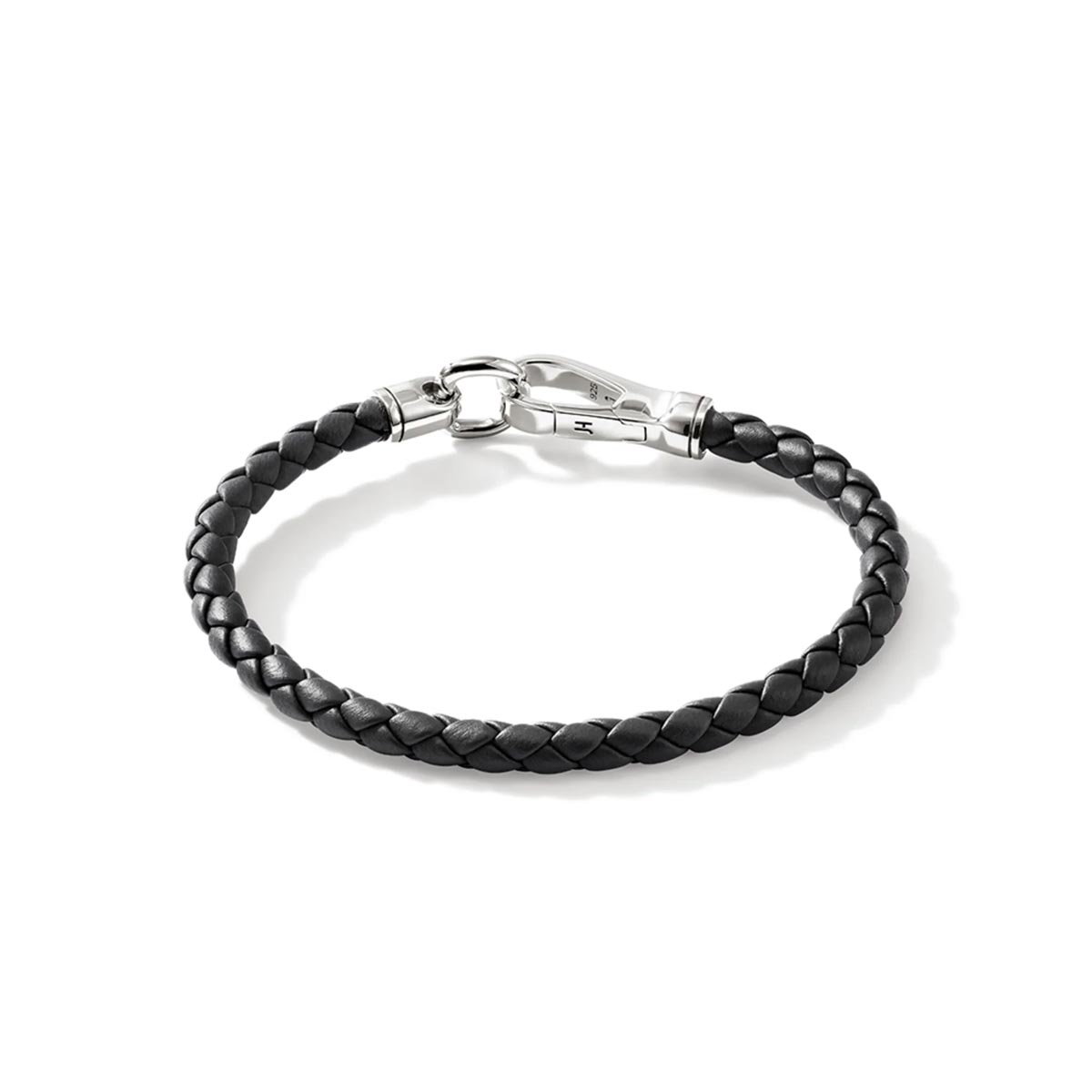 John Hardy Mens Hook Clasp Bracelet in Sterling Silver and Black Leather Cord