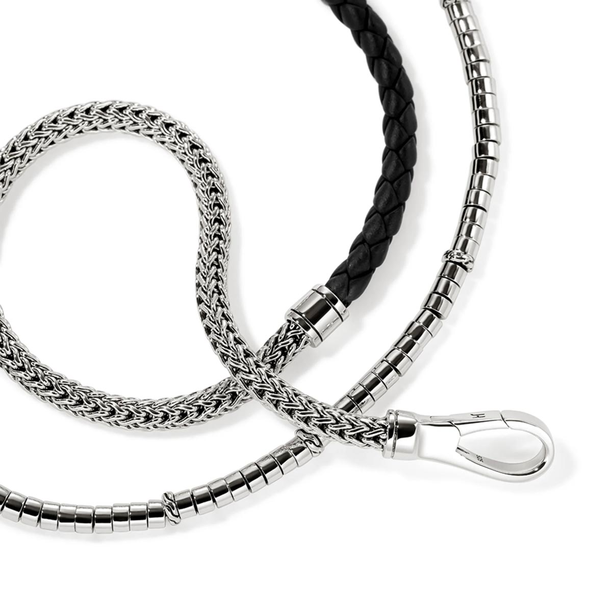 John Hardy Classic Chain Collection Heishi Triple Wrap Bracelet in Sterling Silver and Black Leather