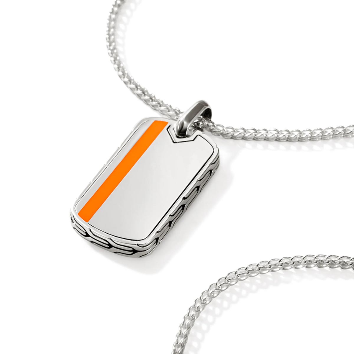 John Hardy ID Series Surf Chain Dog Tag Necklace in Sterling Silver with Orange Enamel