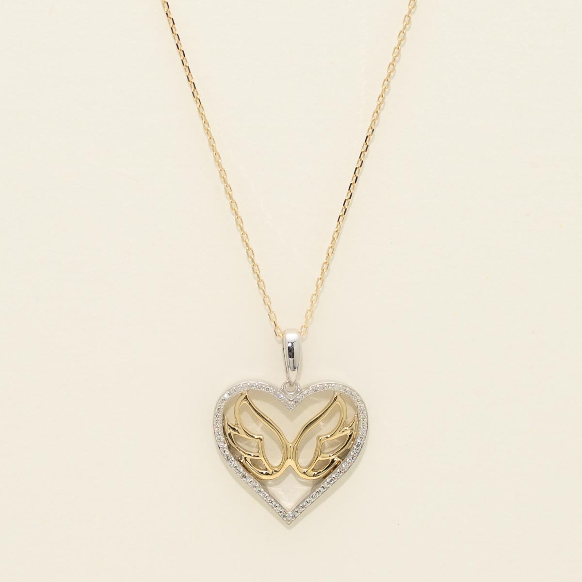 Diamond Angel Wing Heart Necklace in Sterling Silver and 10kt Yellow Gold (1/10ct tw)