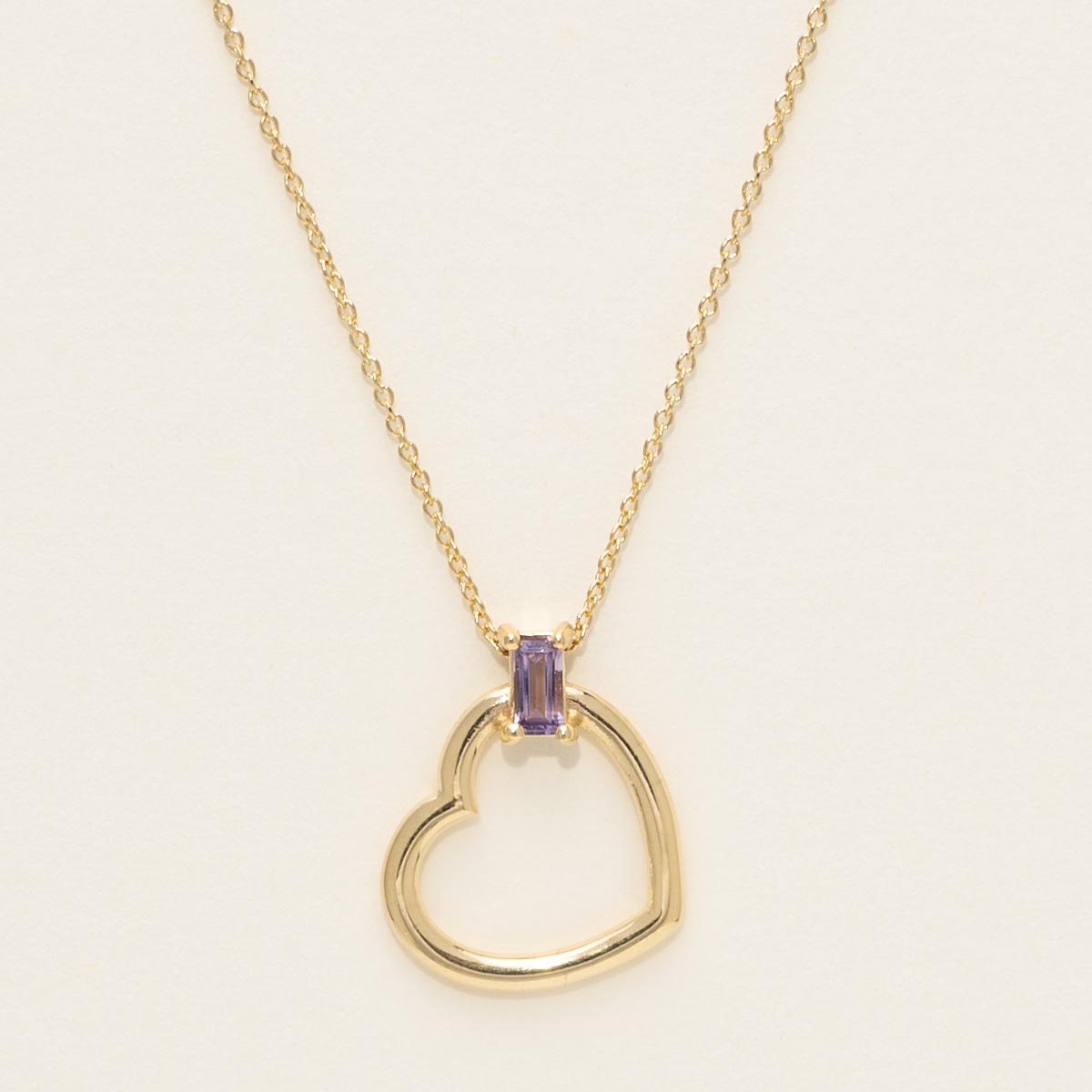 Baguette Amethyst Heart Necklace in 14kt Yellow Gold