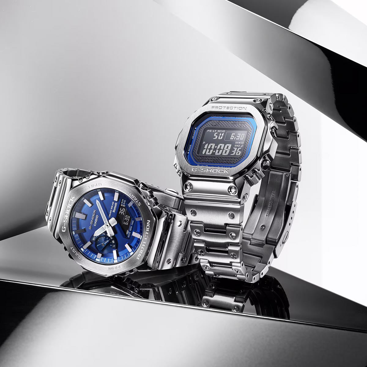 G-Shock 2100 Series Full Metal Mens Watch with Blue Dial and Stainless Steel Bracelet (solar movement)