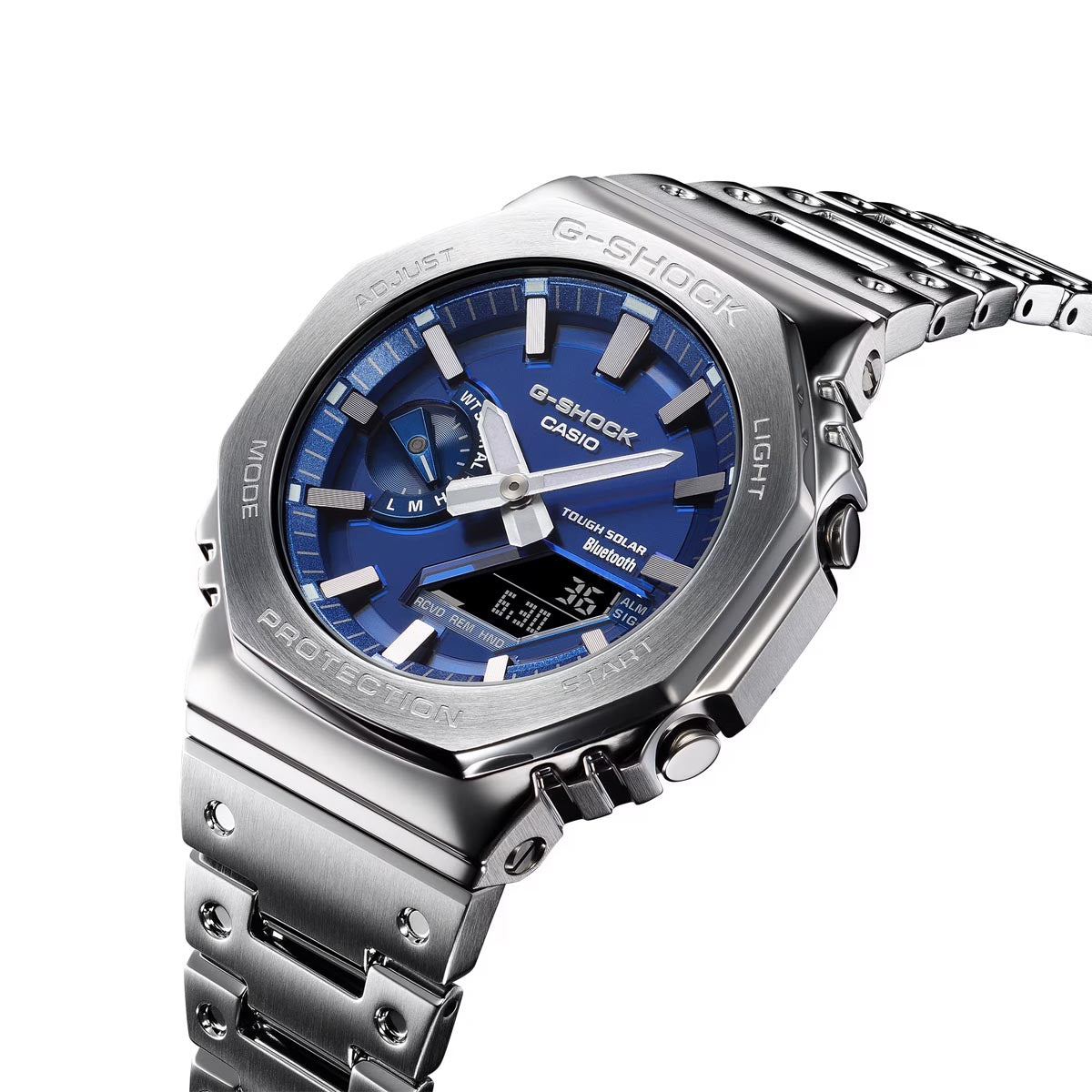 G-Shock 2100 Series Full Metal Mens Watch with Blue Dial and Stainless Steel Bracelet (solar movement)