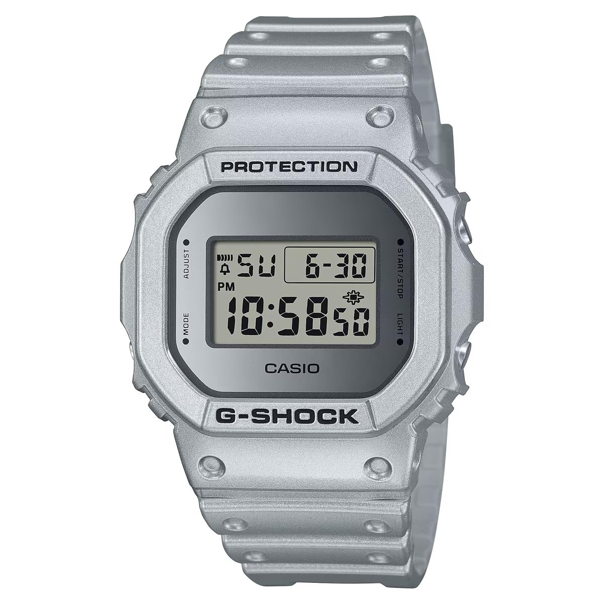 G-Shock 5600 Series Mens Watch with Digital Dial and Metallic Silver Toned Strap (quartz movement)