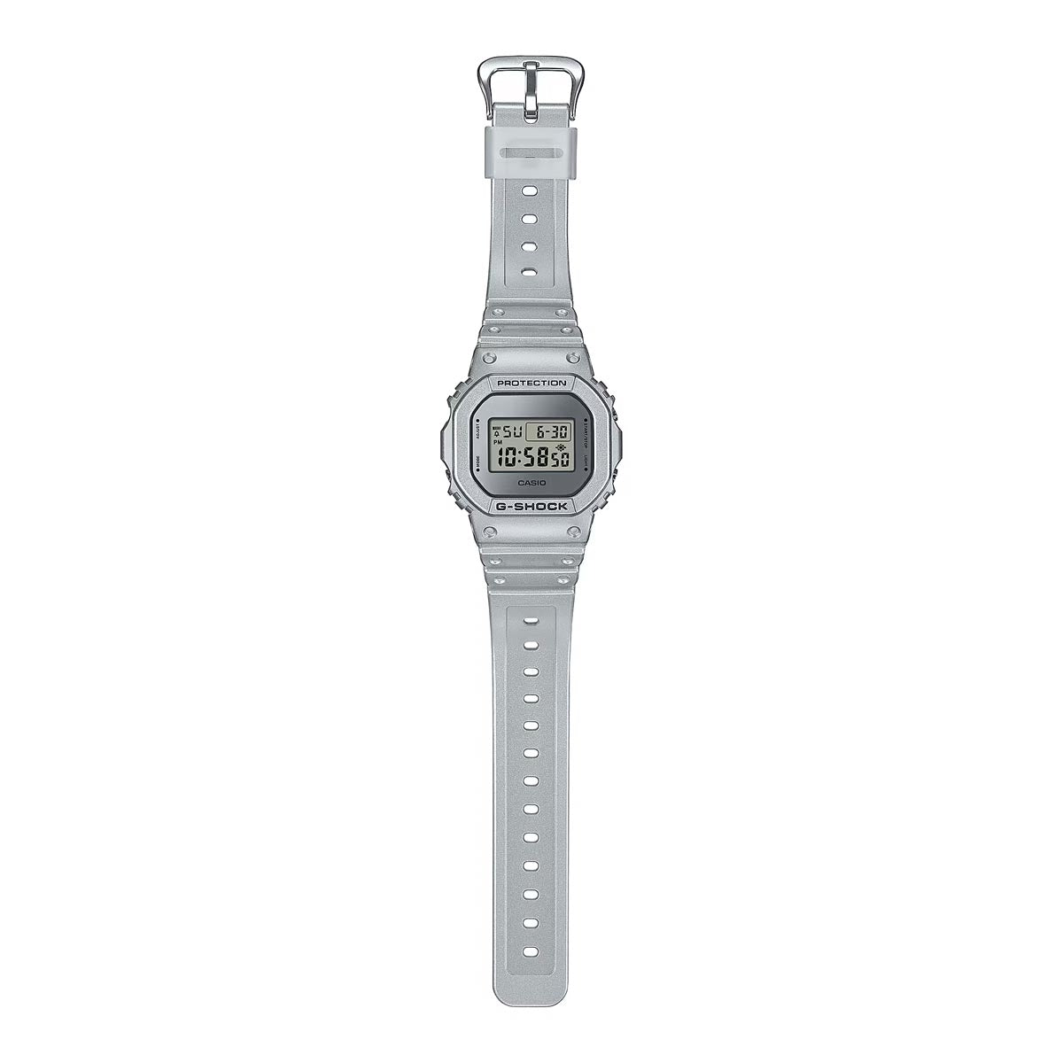 G-Shock 5600 Series Mens Watch with Digital Dial and Metallic Silver Toned Strap (quartz movement)