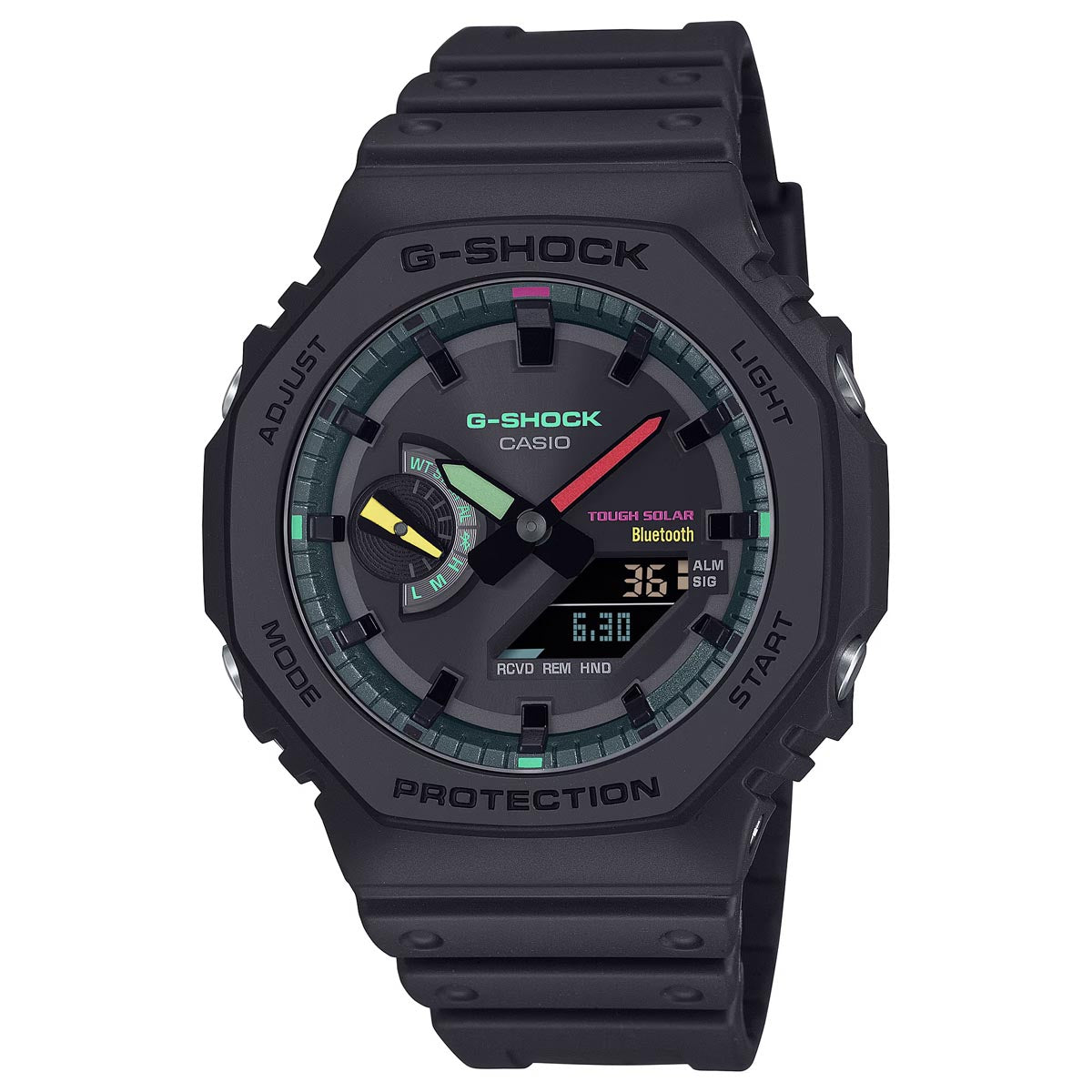 G-Shock 2100 Series Mens Watch with Black Dial with Multi Fluorescent Accents and Black Strap (solar movement)