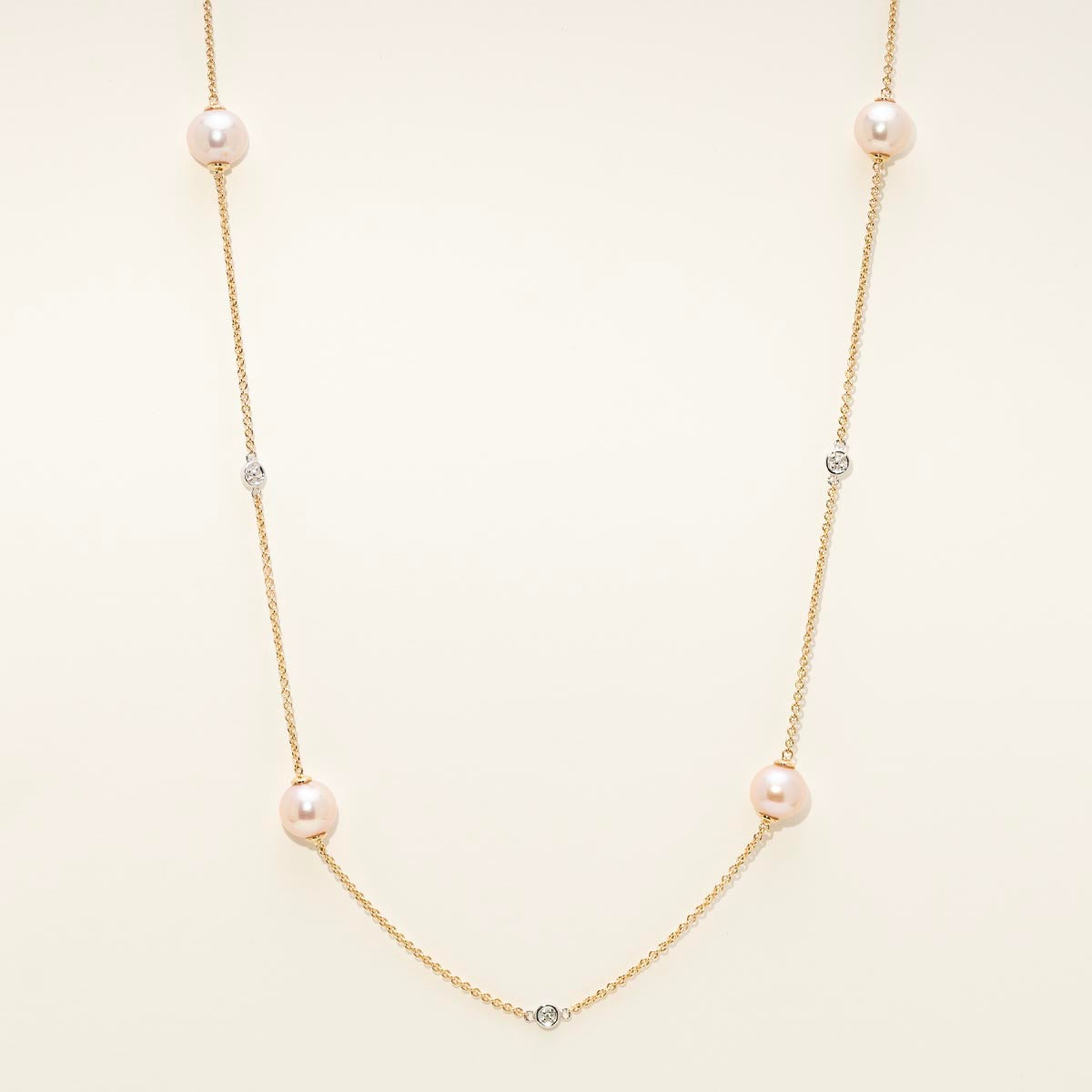 Dabakarov Cultured Freshwater Pearl Station Necklace in 14kt Yellow and White Gold (9mm pearls and 1/20ct tw)