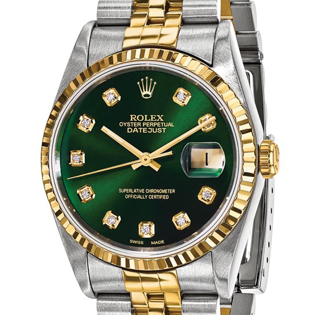 Pre Owned Rolex Oyster Perpetual Datejust with Green Diamond Dial and 18kt Yellow Fluted Bezel and Stainless Steel and 18kt Yellow Gold Jubilee Bracelet (automatic movement)
