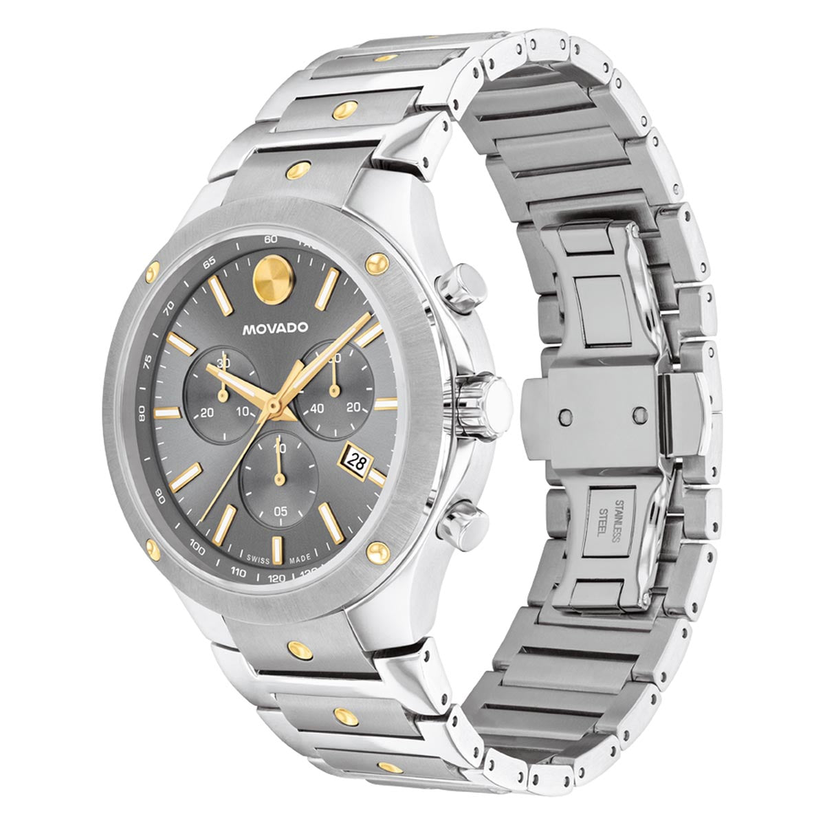 Movado SE Mens Chronograph Watch with Grey Dial and Stainless Steel and Gold Toned Bracelet (Swiss quartz movement)