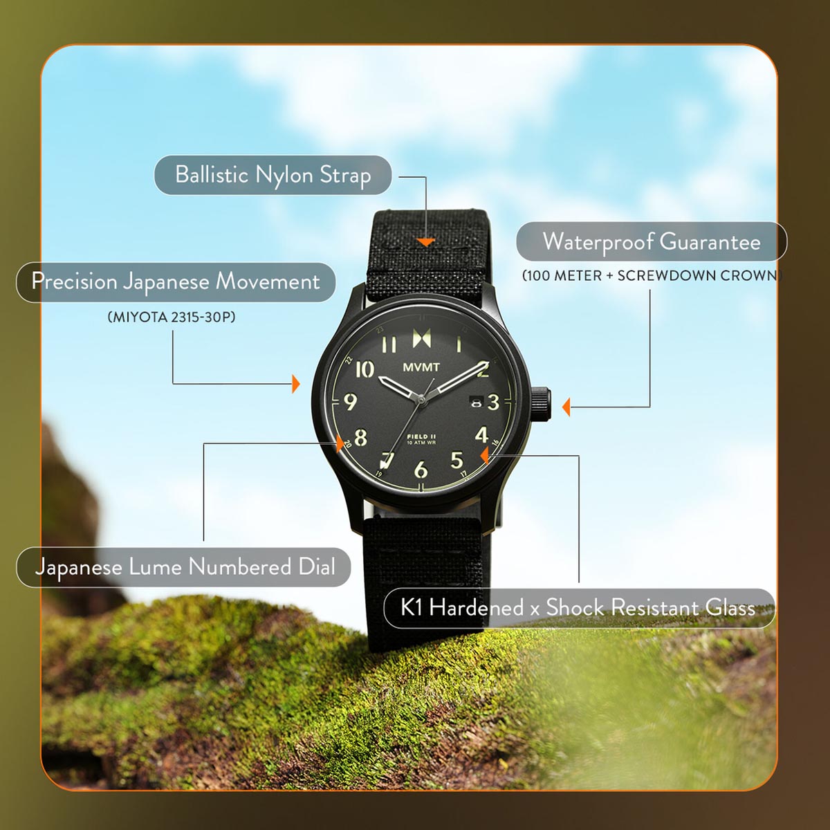 MVMT Field II Mens Watch with Black Dial and Black Nylon Strap (quartz movement)