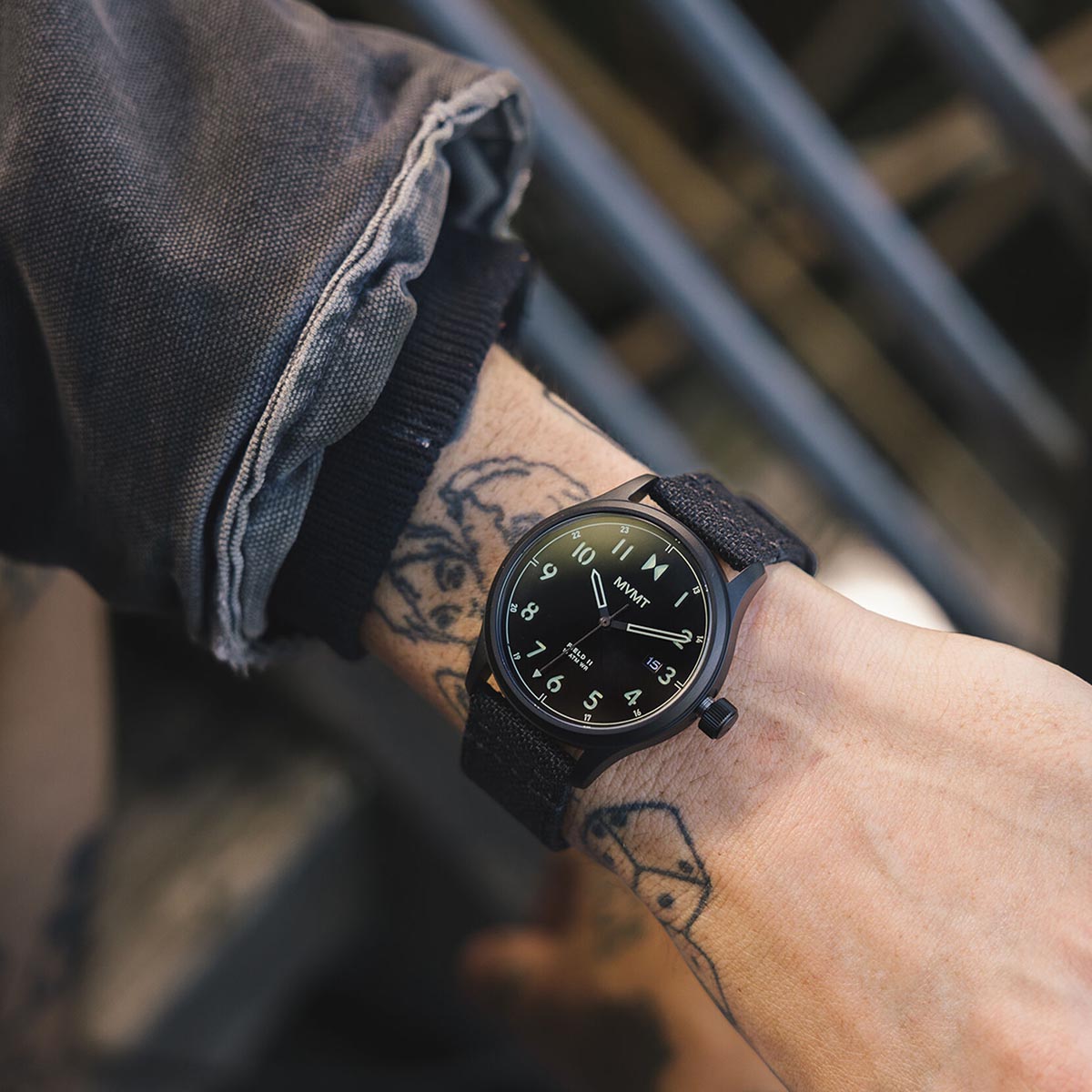 MVMT Field II Mens Watch with Black Dial and Black Nylon Strap (quartz movement)