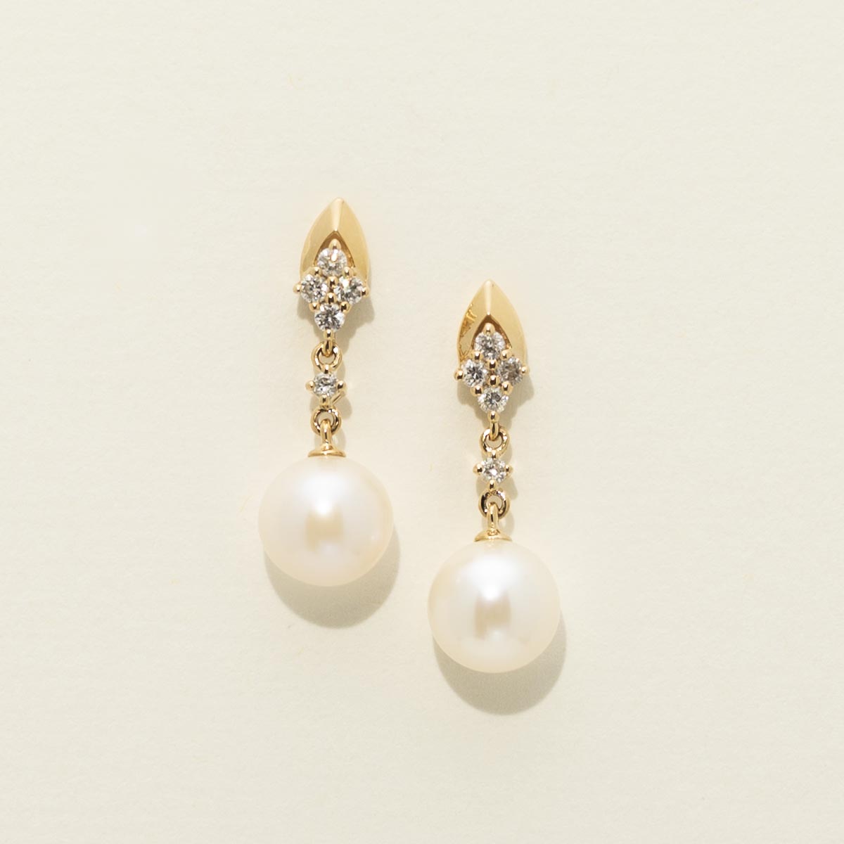 Cultured Freshwater Pearl Drop Earrings in 14kt Yellow  Gold with Diamonds (7mm pearls)
