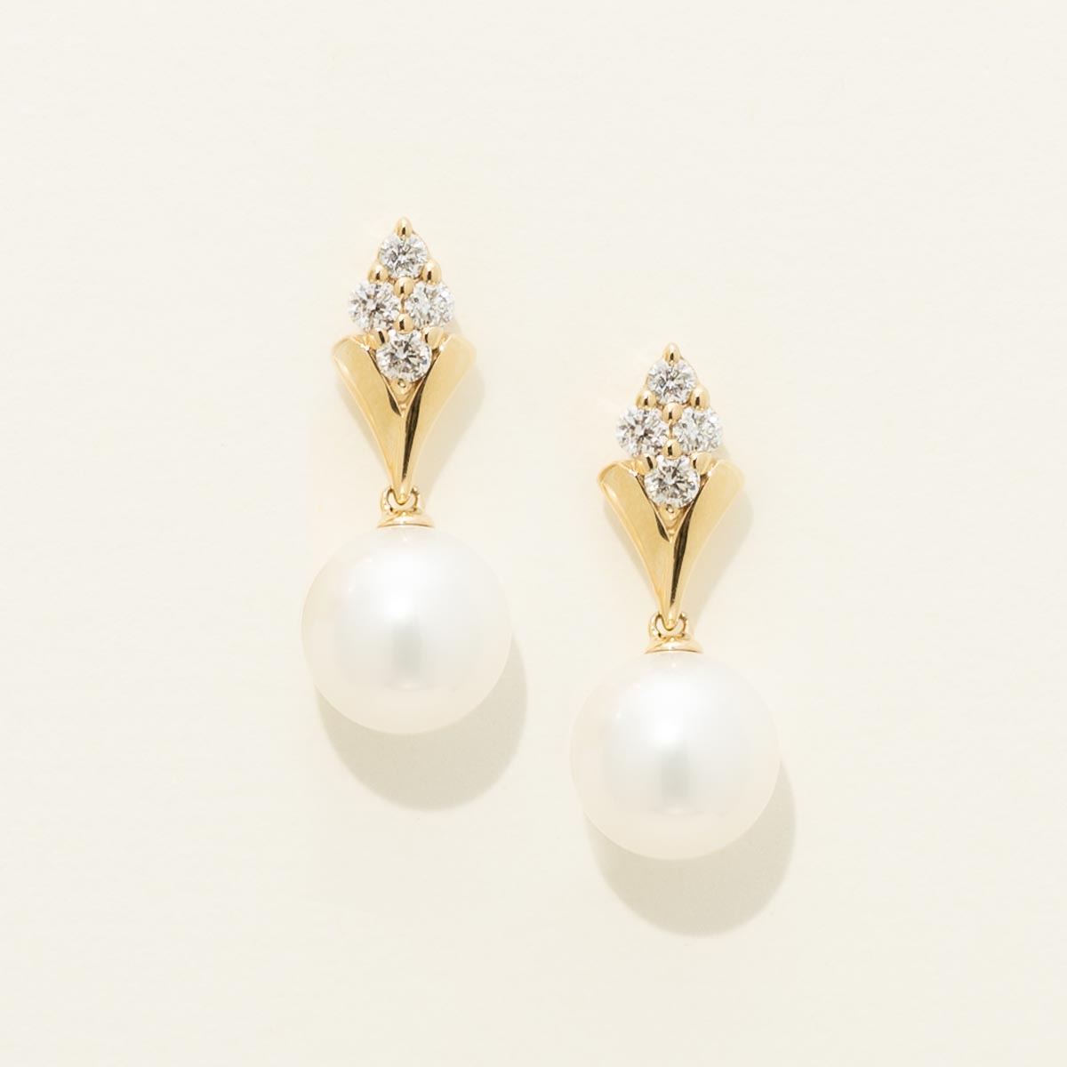 Cultured Freshwater Pearl Drop Earrings in 14kt Yellow Gold with Diamonds (7.5mm pearls)