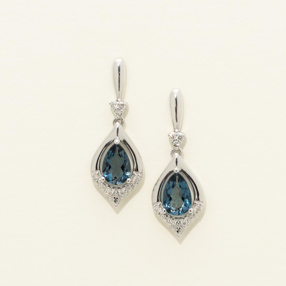 Pear Shape London Blue Topaz Drop Earrings in 14kt White Gold with Diamonds