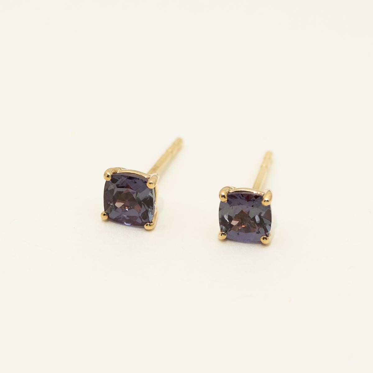 Cushion Cut Created Alexandrite Stud Earrings in 14kt Yellow Gold