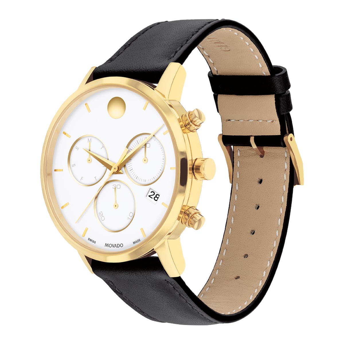 Movado Museum Classic Mens Chronograph Watch with White Dial and Black Leather Strap (Swiss quartz movement)