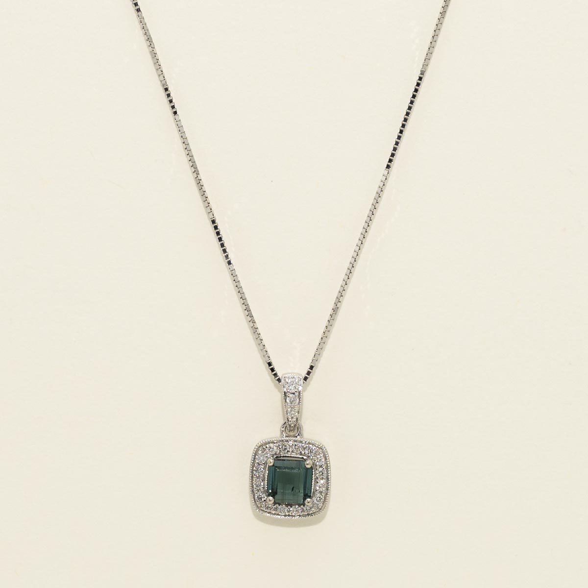 Maine Indicolite Tourmaline Emerald Cut Halo Necklace in 14kt White Gold with Diamonds (1/10ct tw)